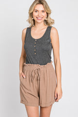 Mocha Linen Smocked Waist Shorts