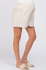 Beige Linen Smocked Waist Maternity Shorts