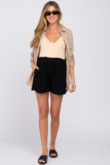 Black Linen Smocked Waist Maternity Shorts