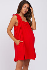 Red Sleeveless Ruffle Strap Maternity Dress