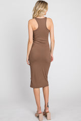 Brown Ribbed Sleeveless Midi Dress