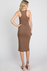 Brown Ribbed Sleeveless Midi Dress