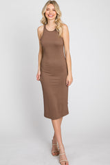 Brown Ribbed Sleeveless Midi Dress