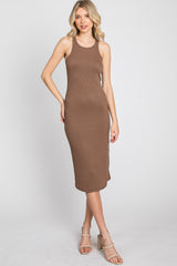 Brown Ribbed Sleeveless Midi Dress