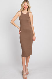 Brown Ribbed Sleeveless Midi Dress