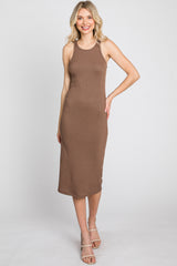 Brown Ribbed Sleeveless Midi Dress