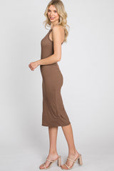 Brown Ribbed Sleeveless Midi Dress