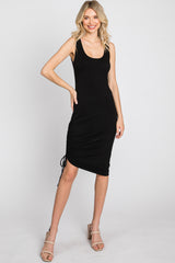 Black Scoop Neck Ruched Side Dress