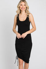 Black Scoop Neck Ruched Side Dress