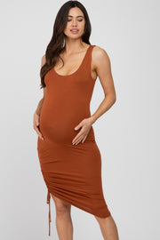 Rust Scoop Neck Ruched Side Maternity Dress