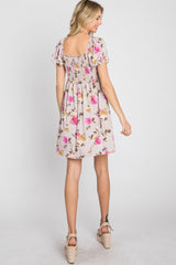 Taupe Floral Smocked Square Neck Dress