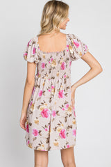 Taupe Floral Smocked Square Neck Dress