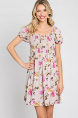 Taupe Floral Smocked Square Neck Dress