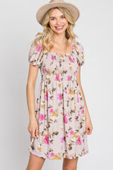 Taupe Floral Smocked Square Neck Dress