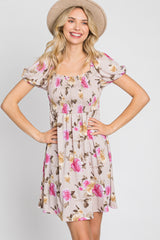 Taupe Floral Smocked Square Neck Dress