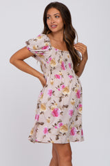 Taupe Floral Smocked Square Neck Maternity Dress