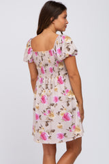 Taupe Floral Smocked Square Neck Maternity Dress