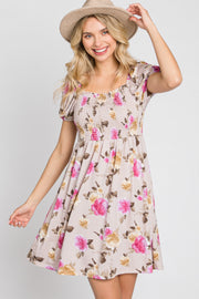 Taupe Floral Smocked Square Neck Dress