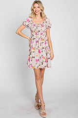 Taupe Floral Smocked Square Neck Dress