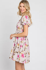 Taupe Floral Smocked Square Neck Dress