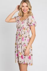 Taupe Floral Smocked Square Neck Dress