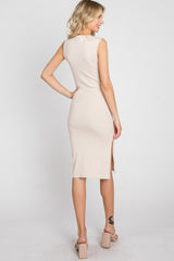 Cream Ribbed Side Slit Fitted Dress