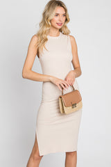 Cream Ribbed Side Slit Fitted Dress