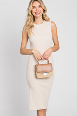 Cream Ribbed Side Slit Fitted Dress