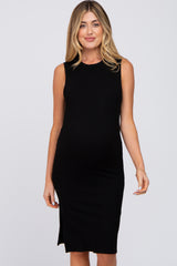 Black Ribbed Side Slit Maternity Fitted Dress