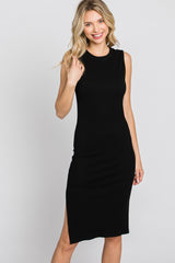 Black Ribbed Side Slit Maternity Fitted Dress