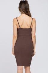 Brown Rib Knit Fitted Maternity Dress