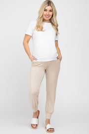 Beige Foldover Maternity Joggers