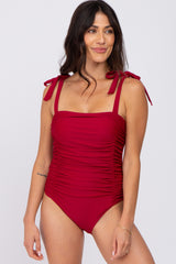 Burgundy Shoulder Tie One-Piece Swimsuit