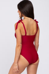 Burgundy Shoulder Tie One-Piece Swimsuit