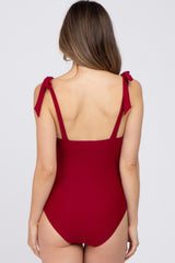 Burgundy Shoulder Tie Maternity One-Piece Swimsuit