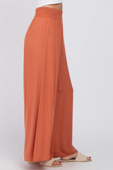 Rust Smocked Waist Wide Leg Pants