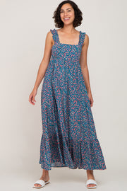 Dark Teal Floral Square Neck Ruffle Strap Back Tie Maxi Dress