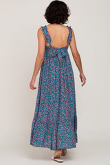 Dark Teal Floral Square Neck Ruffle Strap Back Tie Maxi Dress