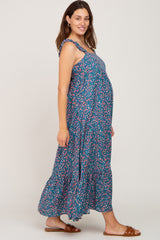 Dark Teal Floral Square Neck Ruffle Strap Back Tie Maternity Maxi Dress