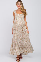 Ivory Floral Square Neck Ruffle Strap Back Tie Maternity Maxi Dress