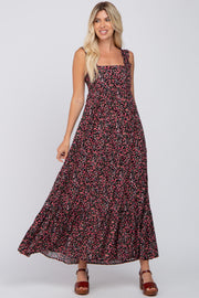 Black Floral Square Neck Ruffle Strap Back Tie Maxi Dress