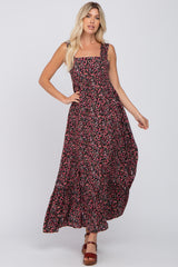 Black Floral Square Neck Ruffle Strap Back Tie Maxi Dress