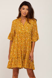 Yellow Floral Ruffle Sleeve Tiered Dress