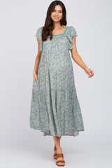 Sage Floral Square Embroidered Neck Maternity Midi Dress