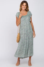 Sage Floral Square Embroidered Neck Midi Dress