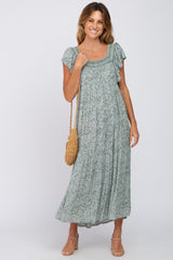 Sage Floral Square Embroidered Neck Maternity Midi Dress