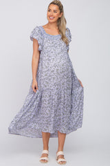 Lavender Floral Square Embroidered Neck Maternity Midi Dress