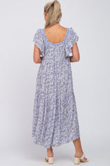 Lavender Floral Square Embroidered Neck Maternity Midi Dress