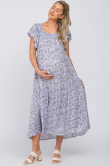 Lavender Floral Square Embroidered Neck Maternity Midi Dress