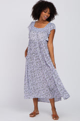 Lavender Floral Square Embroidered Neck Maternity Midi Dress